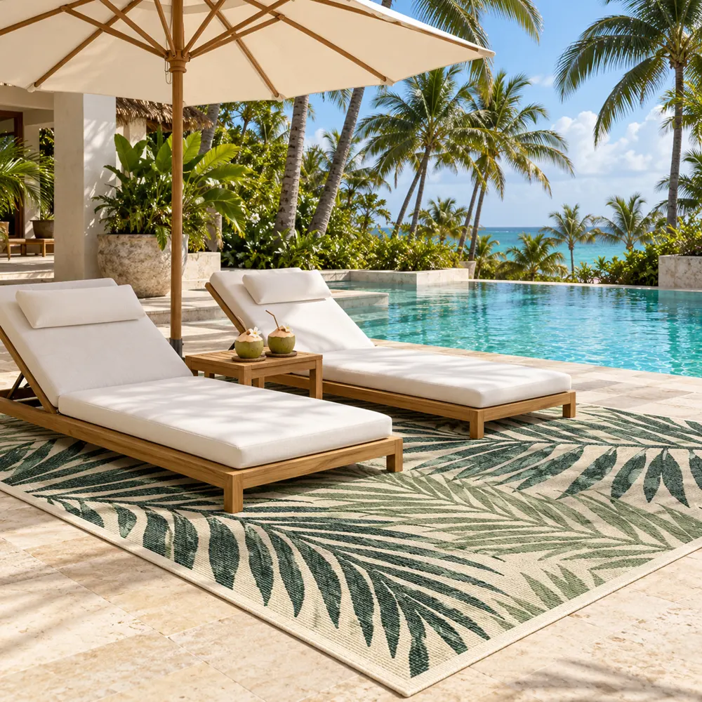 Palm leaf rug on a hotel pool deck