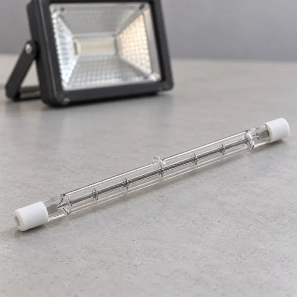 R7S halogen lamp beside a compatible fixture for illustrative reference