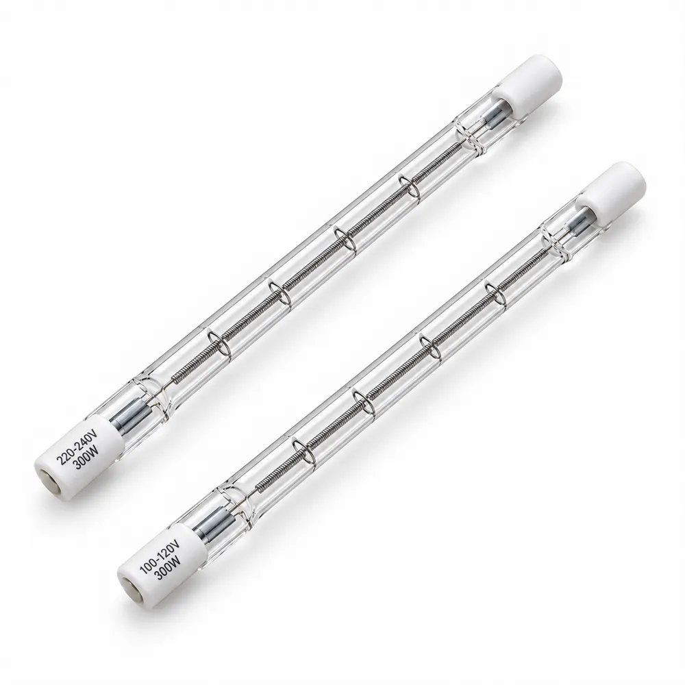 R7S double-ended halogen lamp with a clear tube and white end caps