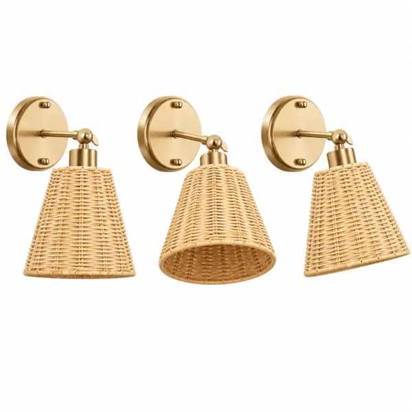 Rattan wall sconce shown at three adjustable angles