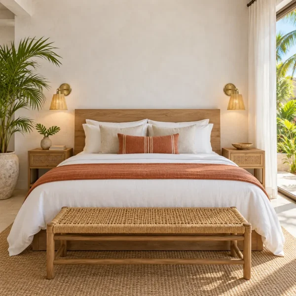 Pair of rattan wall sconces beside a hotel bed