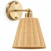 Rattan cone wall sconce with gold-tone stainless steel arm