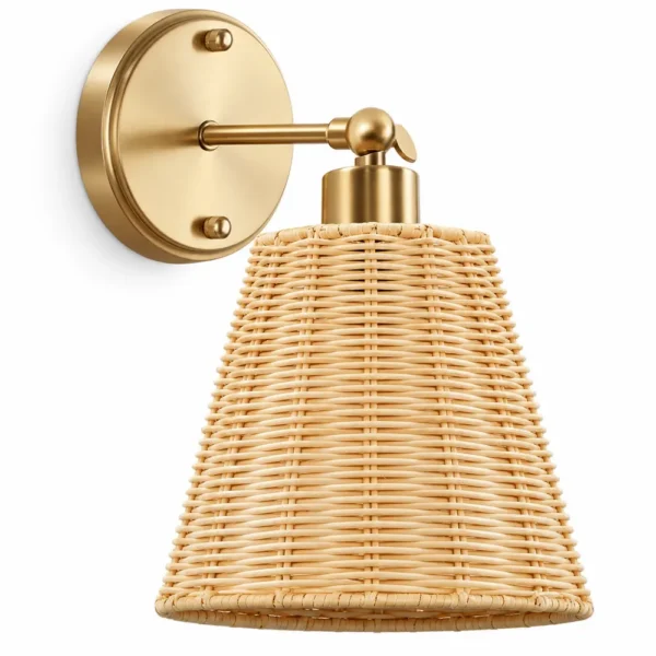 Rattan cone wall sconce with gold-tone stainless steel arm
