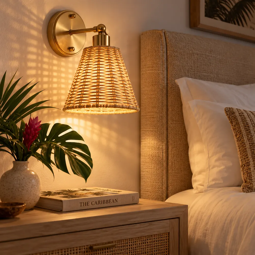 Rattan wall sconce glowing above a suite nightstand at night