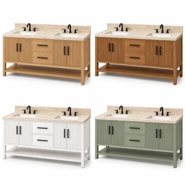 Reeded double vanity in natural oak, teak, white and sage green