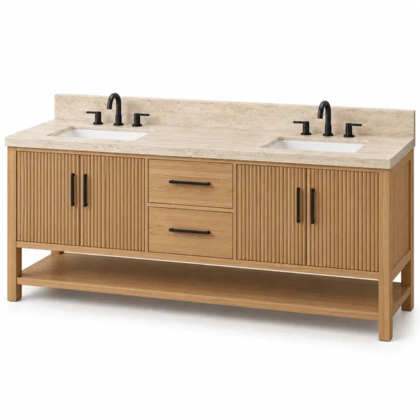 Reeded double vanity in natural oak with travertine top