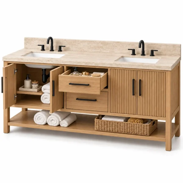Reeded double vanity with drawers and doors open