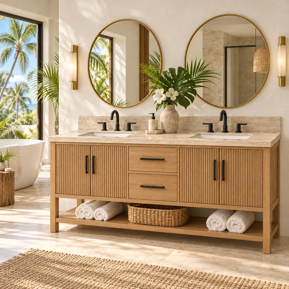 Natural oak reeded double vanity in a villa master bathroom