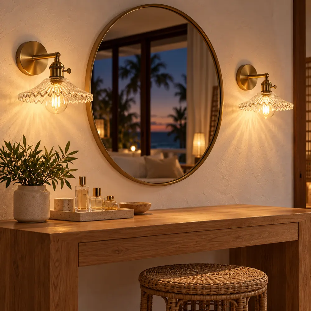 Glass wall sconces on both sides of a suite dressing mirror