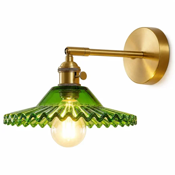 Scalloped glass wall sconce with green ribbed shade