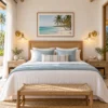 Pair of clear glass wall sconces beside a hotel bed