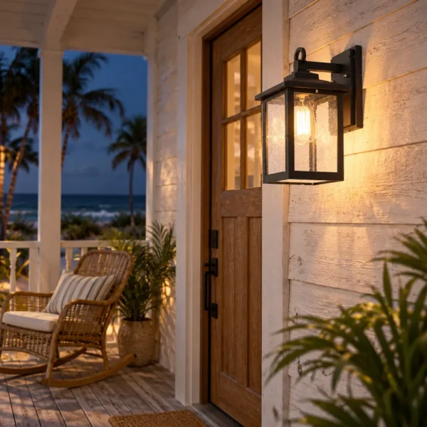 Black seeded glass wall lantern glowing on a beach house porch at night