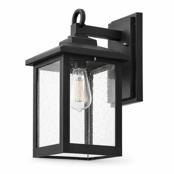 Black stainless steel outdoor wall lantern with seeded glass