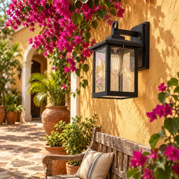 Black seeded glass wall lantern on an ochre courtyard wall with bougainvillea