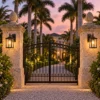 Pair of black seeded glass lanterns on coral-stone gate pillars at dusk