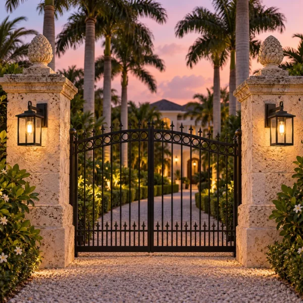 Pair of black seeded glass lanterns on coral-stone gate pillars at dusk