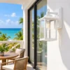 White seeded glass wall lantern on a hotel suite balcony with sea view