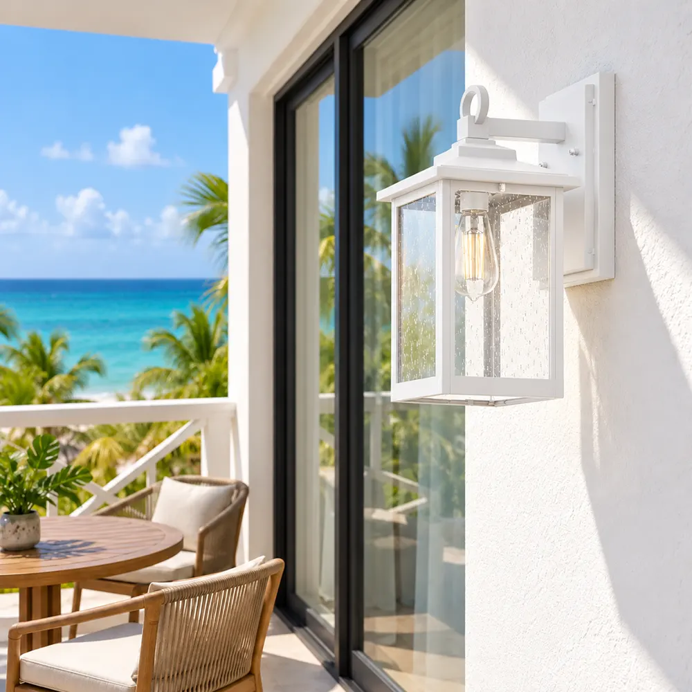 White seeded glass wall lantern on a hotel suite balcony with sea view