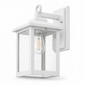 White stainless steel outdoor wall lantern with seeded glass