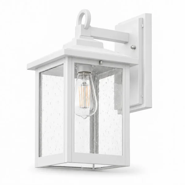 White stainless steel outdoor wall lantern with seeded glass