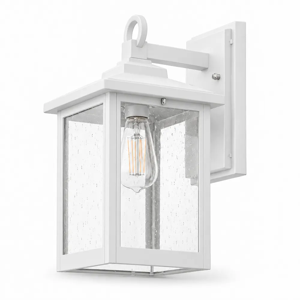 White stainless steel outdoor wall lantern with seeded glass