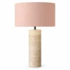 Travertine cylinder table lamp with blush pink shade