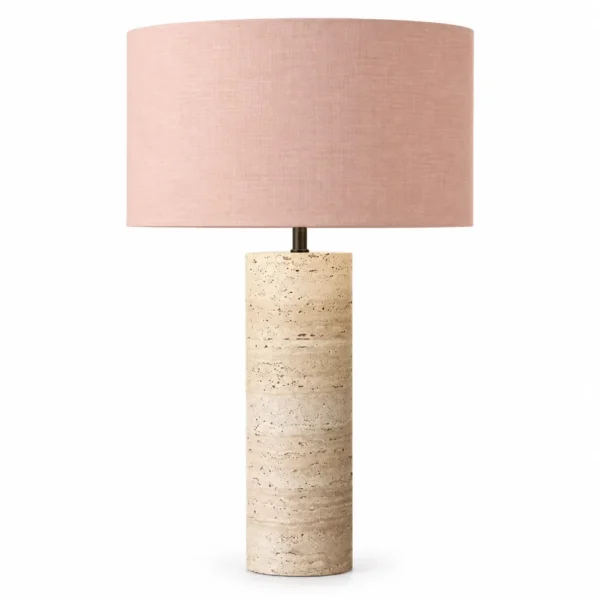 Travertine cylinder table lamp with blush pink shade