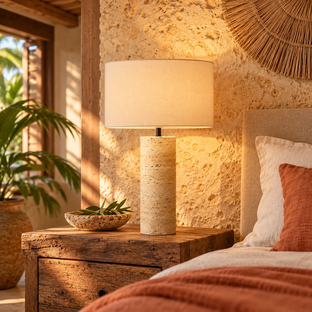 Travertine cylinder table lamp on a timber nightstand in a boutique hotel room
