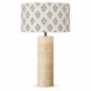 Travertine cylinder table lamp with blue floral print shade