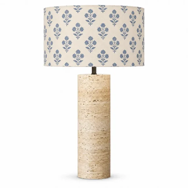Travertine cylinder table lamp with blue floral print shade