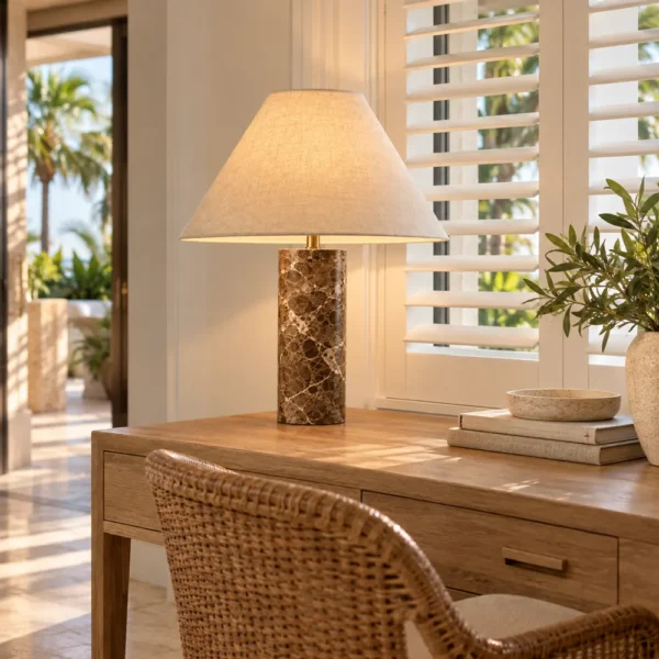 Light Emperador marble table lamp on a writing desk in a Caribbean hotel suite
