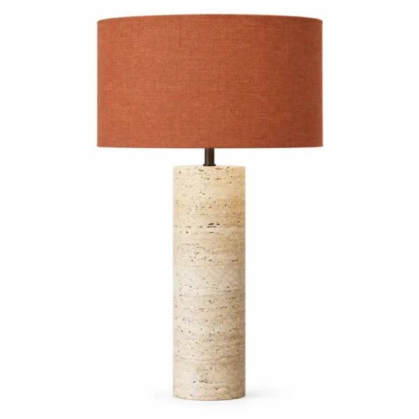 Travertine cylinder table lamp with terracotta shade