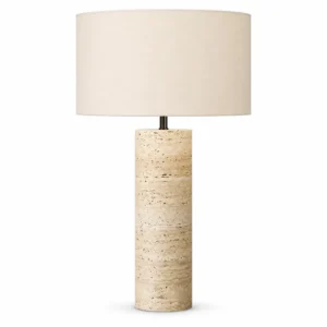 Natural travertine cylinder table lamp with white drum shade
