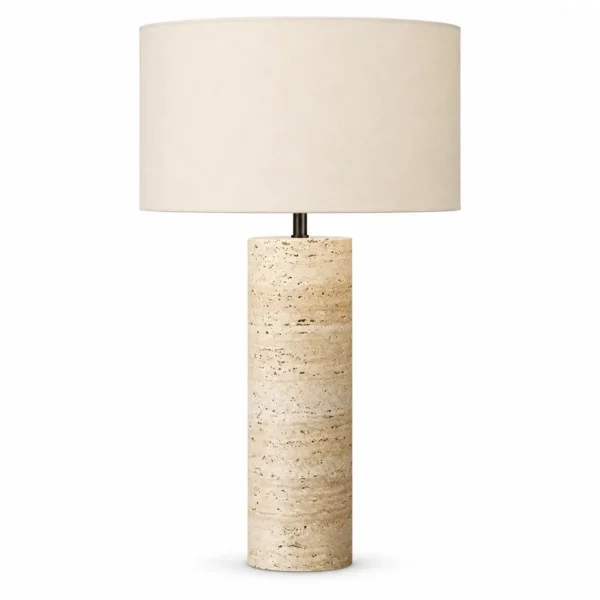 Natural travertine cylinder table lamp with white drum shade