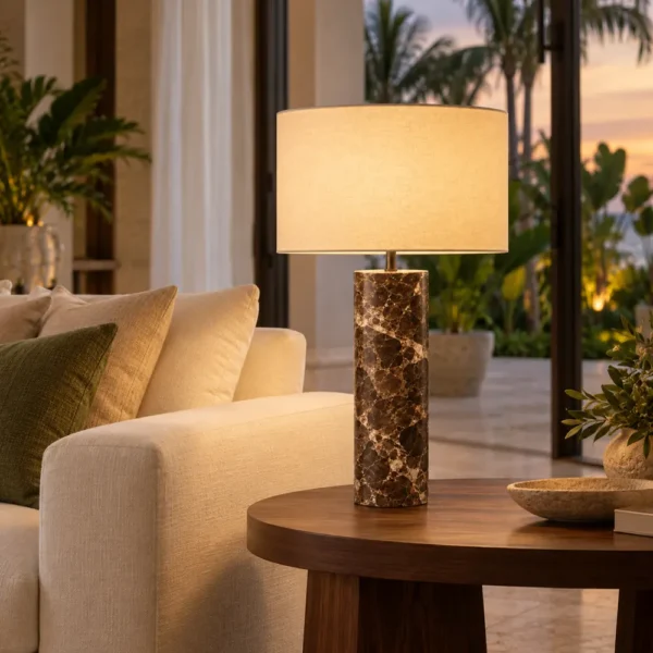 Dark Emperador marble table lamp on a side table in a villa living room