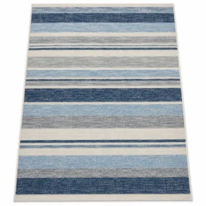 Blue and white striped indoor outdoor rug