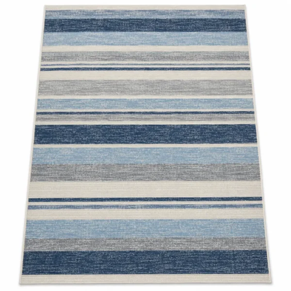 Blue and white striped indoor outdoor rug