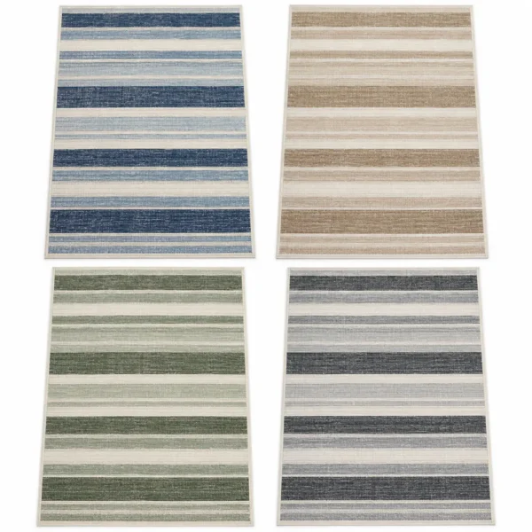 Striped outdoor rug in blue, sand, green and grey