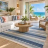Blue striped rug in an ocean-view hotel suite