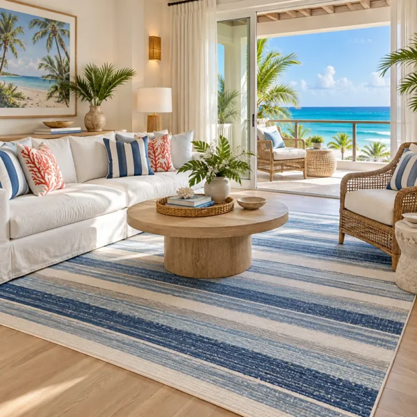 Blue striped rug in an ocean-view hotel suite