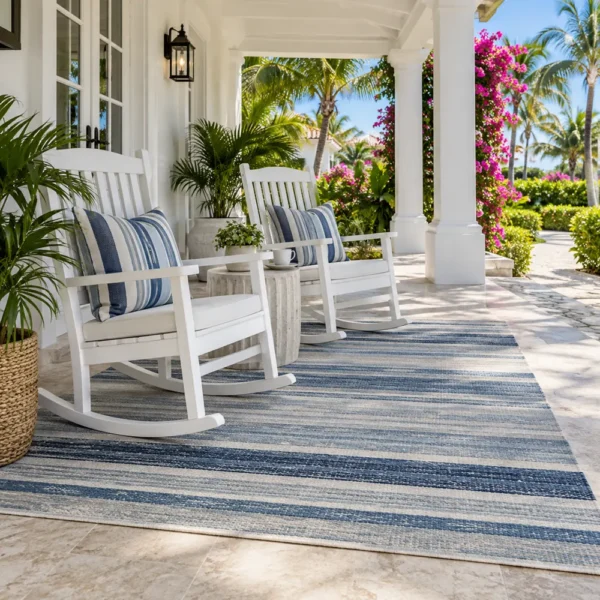 Blue striped rug under rocking chairs on a villa porch