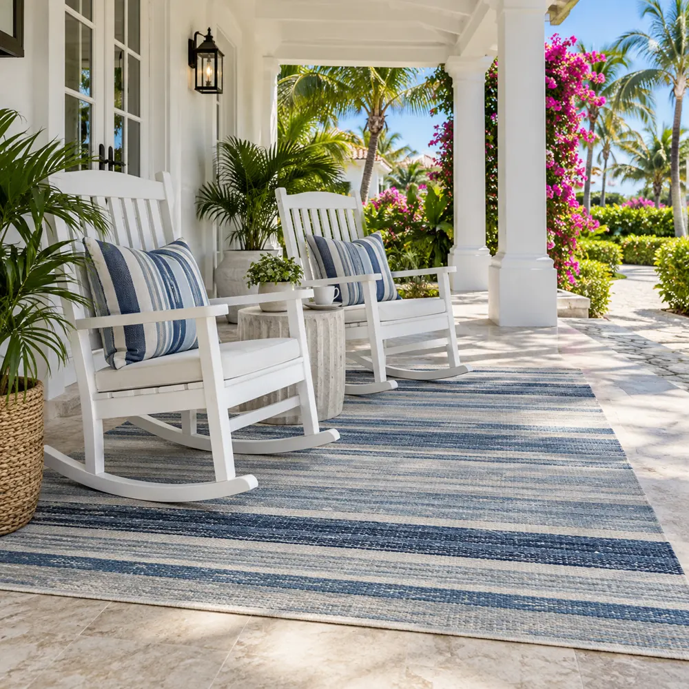 Blue striped rug under rocking chairs on a villa porch