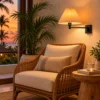Swing arm bedside wall sconce lighting a reading corner, close-up