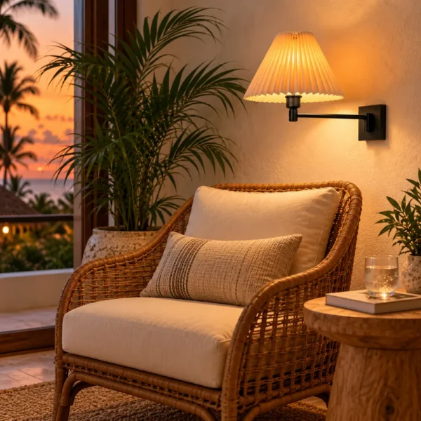 Swing arm bedside wall sconce lighting a reading corner, close-up