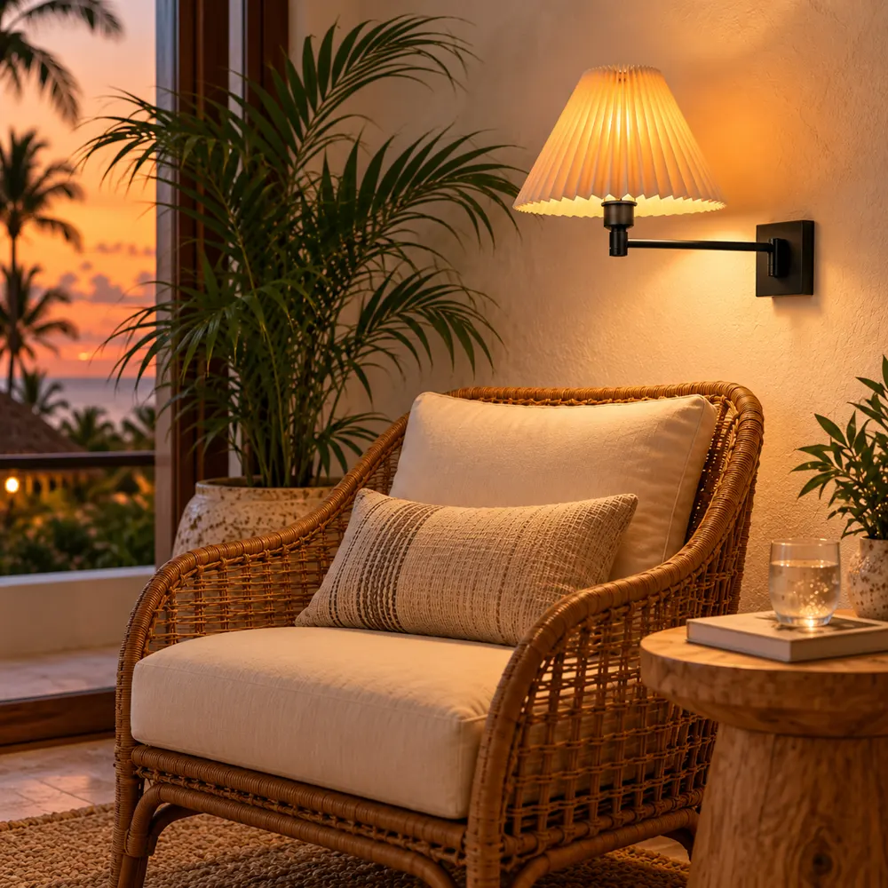 Swing arm bedside wall sconce lighting a reading corner, close-up