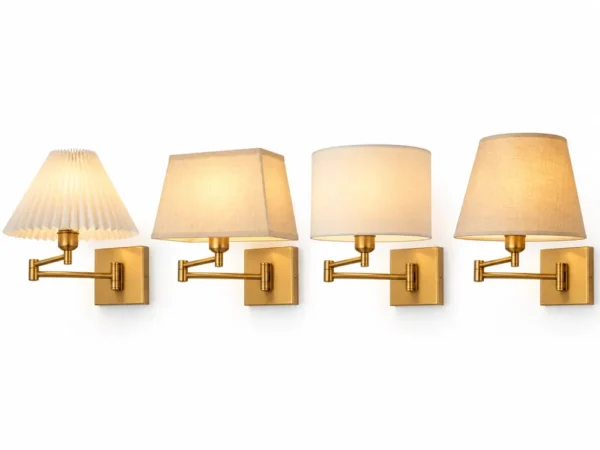 Swing arm wall sconce with four fabric shade styles