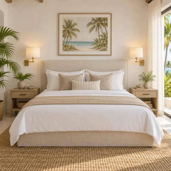 Pair of brass swing arm sconces beside a hotel guestroom bed