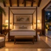 Swing arm sconces beside a four-poster villa bed at night