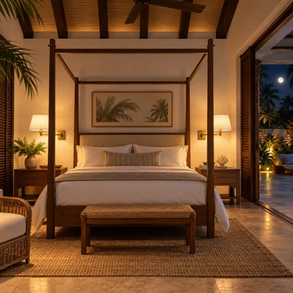 Swing arm sconces beside a four-poster villa bed at night