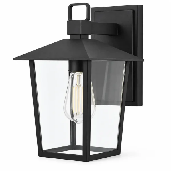 Black stainless steel outdoor wall lantern with clear glass